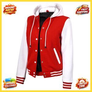 Hooded Varsity Bomber Jacket Classic Letterman Style Fleece Casual Wear